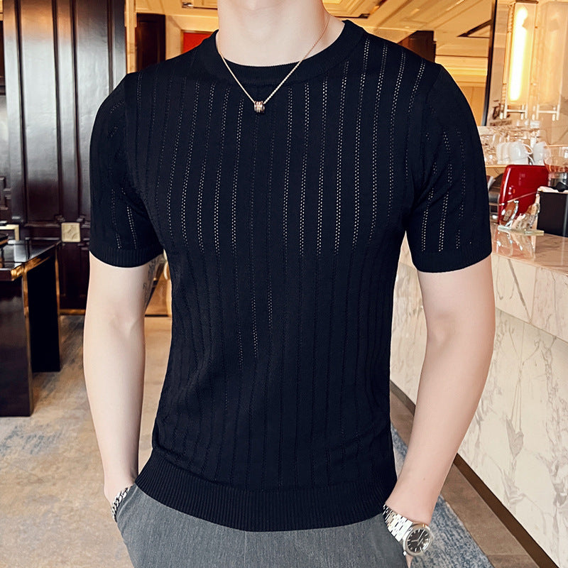 Men's Short Sleeve Hollow-out Half-sleeved Ice Silk Crew Neck T-shirt